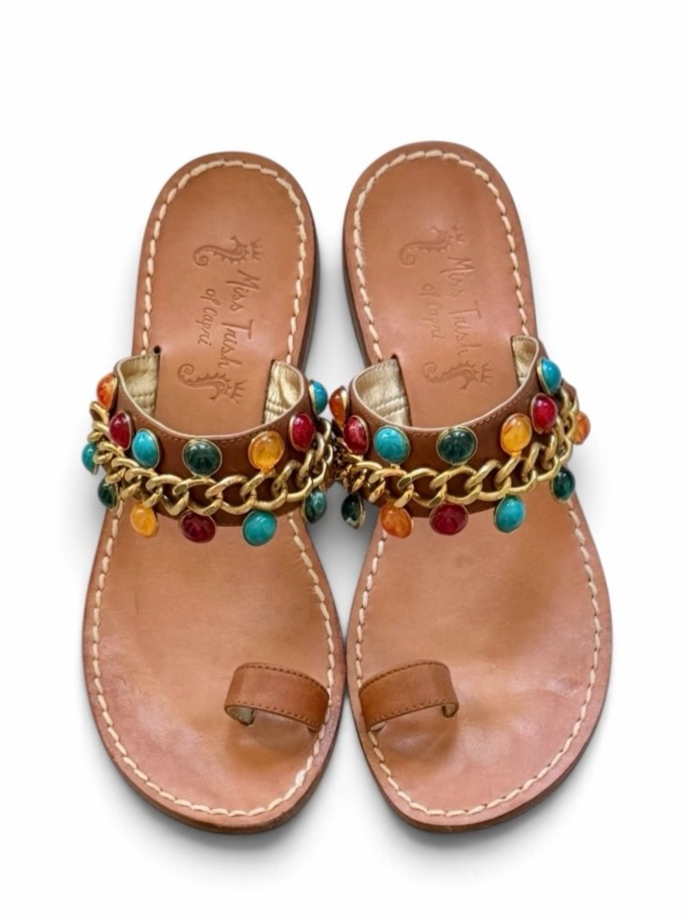Miss Trish of Capri Tan Multi Chain Jeweled Leather Jackie Sandals Size 8 w/Box